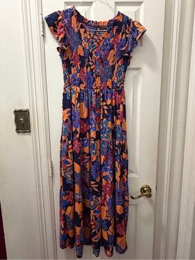 Women’s Navy Blue Floral Maxi Dress with Orange Print